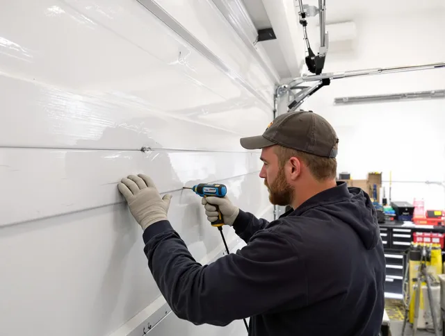 Hilton Head Island Garage Door Repair technician demonstrating precision dent removal techniques on a Hilton Head Island garage door
