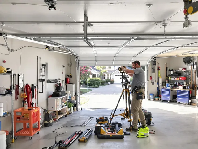 Hilton Head Island Garage Door Repair specialist performing laser-guided track alignment in Hilton Head Island